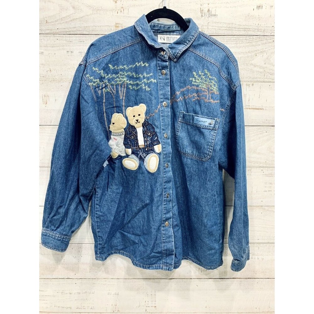 Denim Jean Shirt Button Up Top W/ Bear Couple Appliqué￼ Vintage 1990s Large